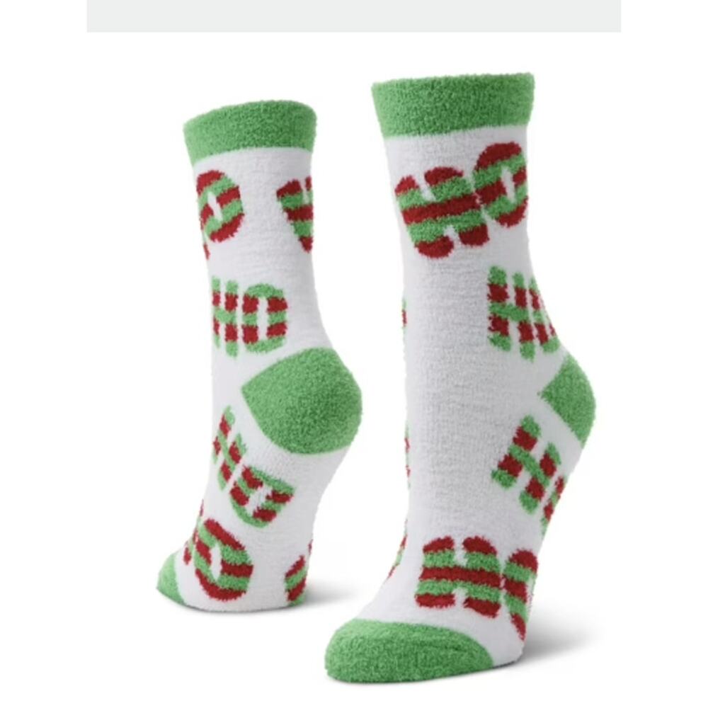 New Airplus Aloe Infused Spa Crew Socks, White/Green Ho Ho Ho, Women's Size 5-10